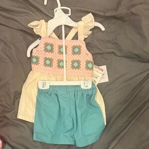 Crochet Front Tank Top & Teal Shorts Set - Girls